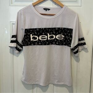 BEBE SPORT Women's White Mesh Top Paisley Short Sleeve Stretch Sz Small